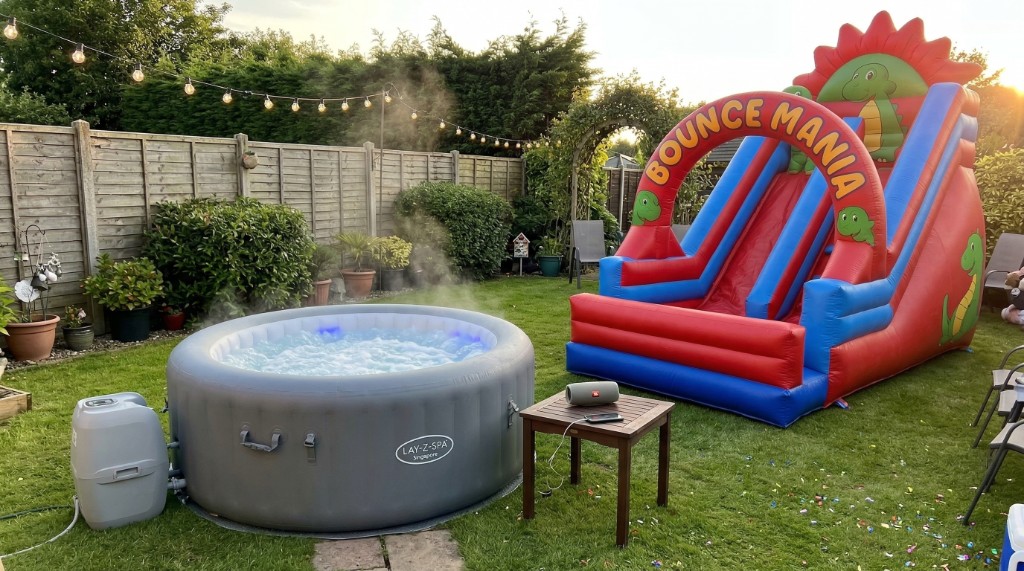Full backyard bash setup with marquee, hot tub and bouncy castle